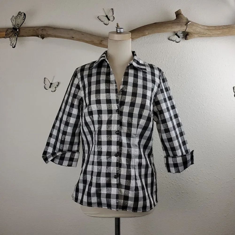 Lavendar & honey black and white plaid blouse